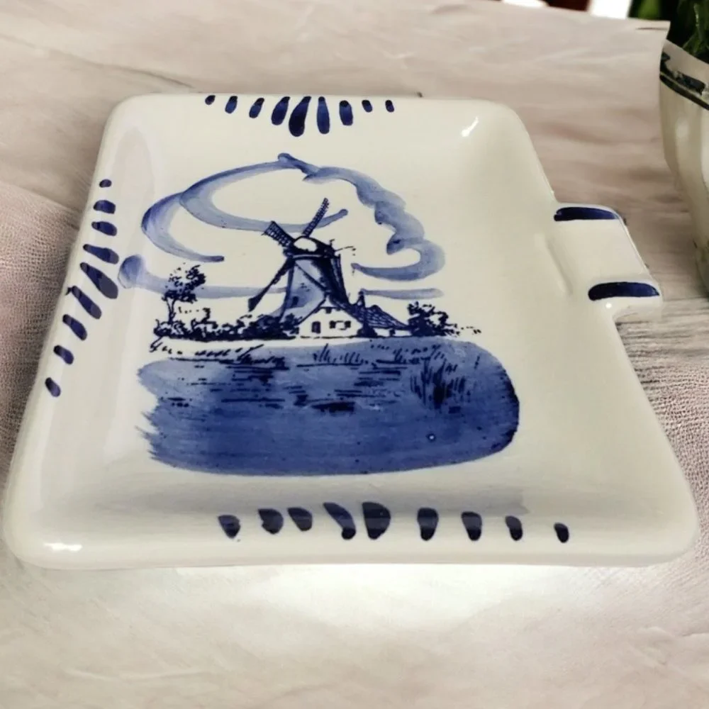 Delft Blue Square Ashtray Vintage Collectible Hand Painted Windmill Trinket Dish - Picture 2 of 5